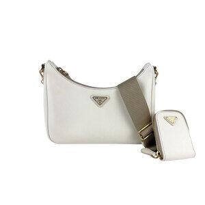 Prada Shoulder Bag Crossbody Leather Canvas Off White Gold